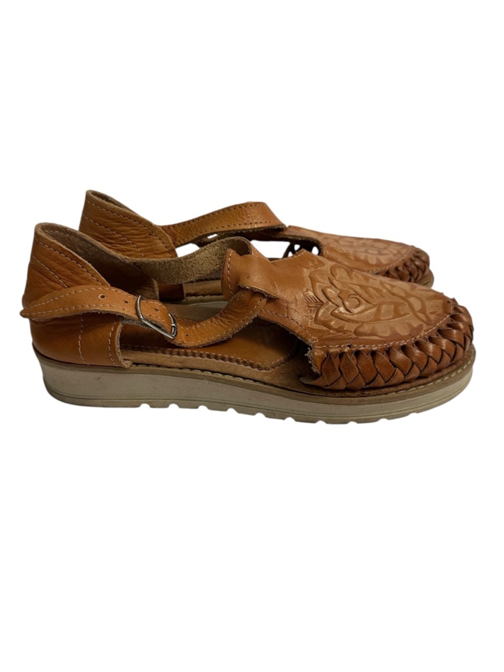 Sole Tan Leather Rose Stamped Huarache Sandals Ankle Strap Size 7 Woven Boho